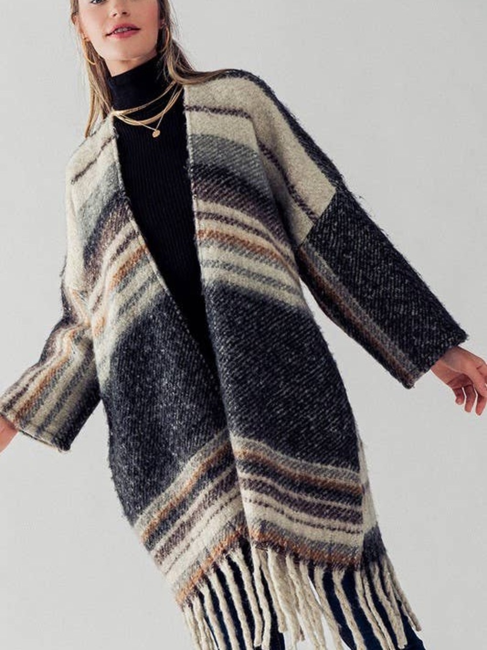 Anthropologie Boho Striped Fringe Blanket Coat Kimono Sweater One Size